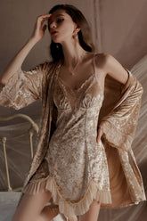 Luxury Velvet Nightdress Sweet Spaghetti Straps V-Neck with Padded Lace Nightgown Robe Set
